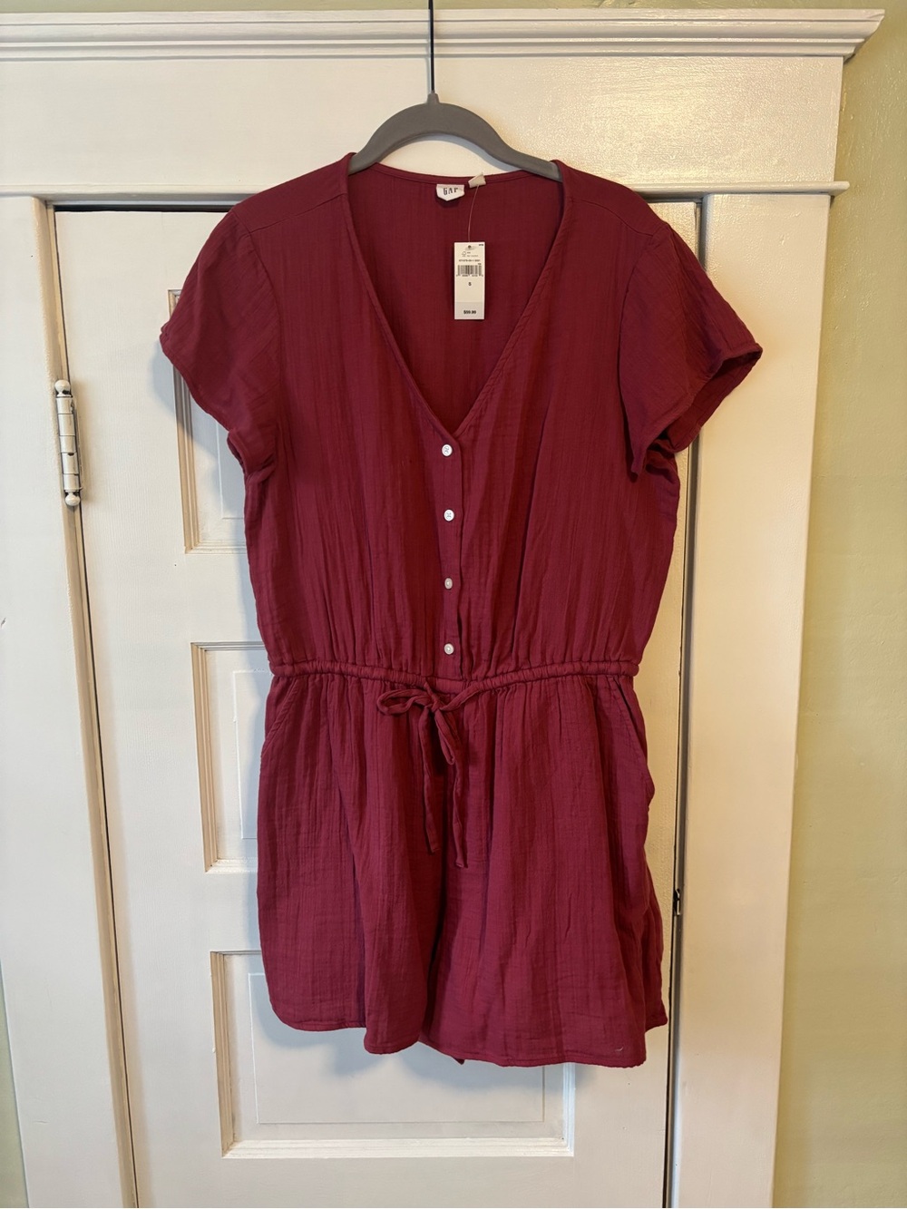 GAP Burgundy Button-Front Short Sleeve Romper